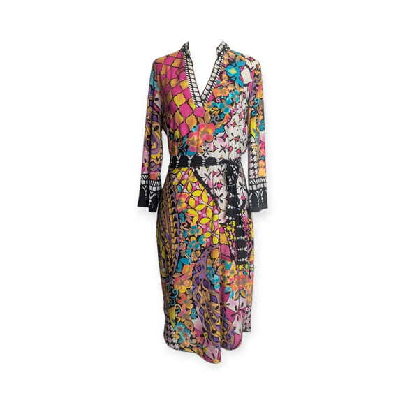 Versona V-Neck Belted Mango & Pink Mix Print Midi Dress - Picture 1 of 4